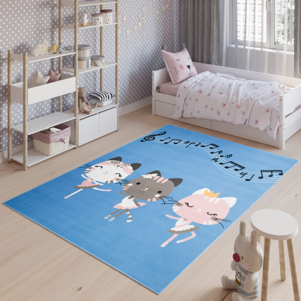 Tappeto Jolly Bambini Cameretta Animali Gatti Blu A Pelo Corto