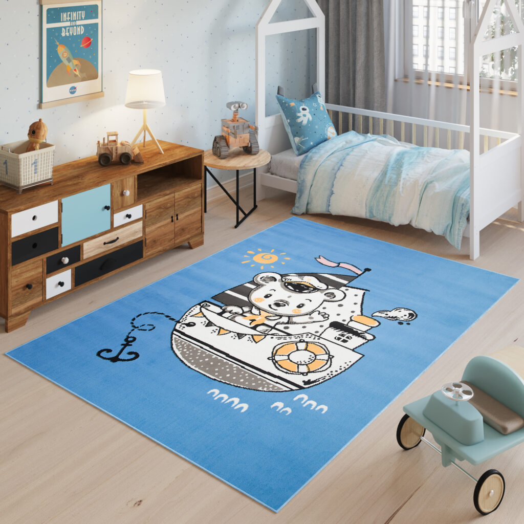 Tappeto Jolly Bambini Cameretta Animali Orsetto Nave Blu A Pelo Corto