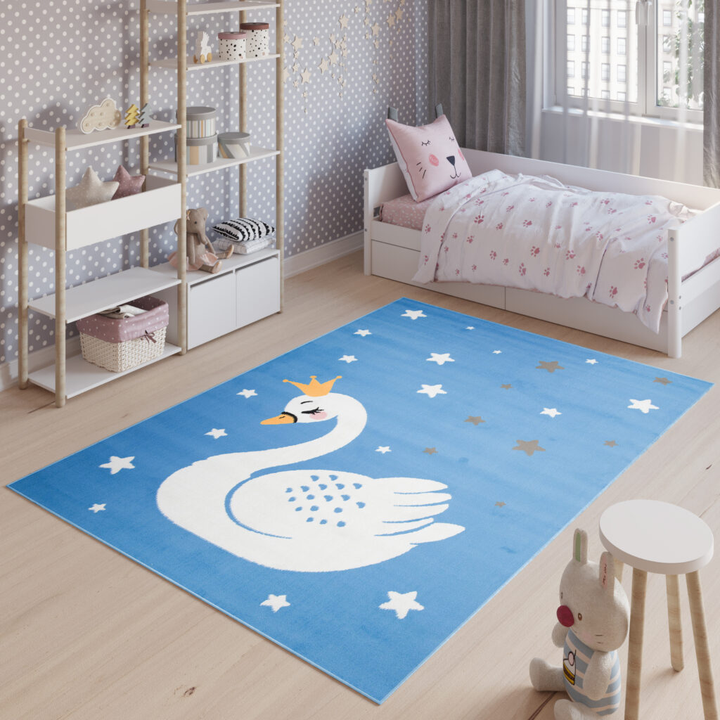 Tappeto Jolly Bambini Cameretta Cigno Animale Blu A Pelo Corto