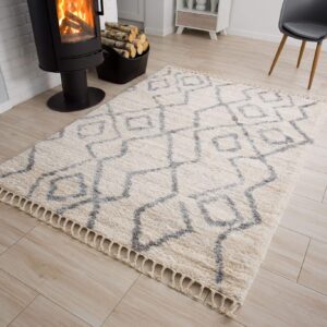 Tappeto Versay Crema Grigio Zigzag con Frange