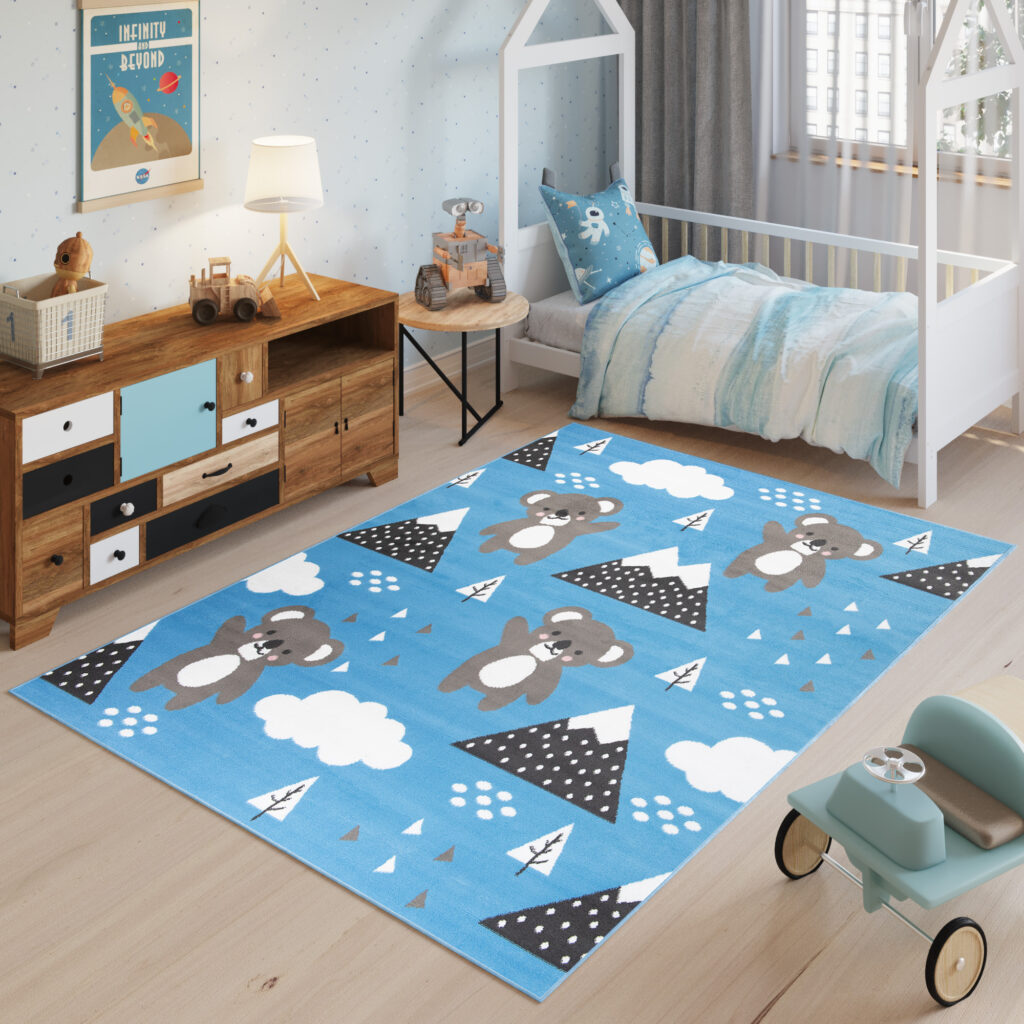 Tappeto Jolly Bambini Cameretta Animali Orsetti Blu A Pelo Corto