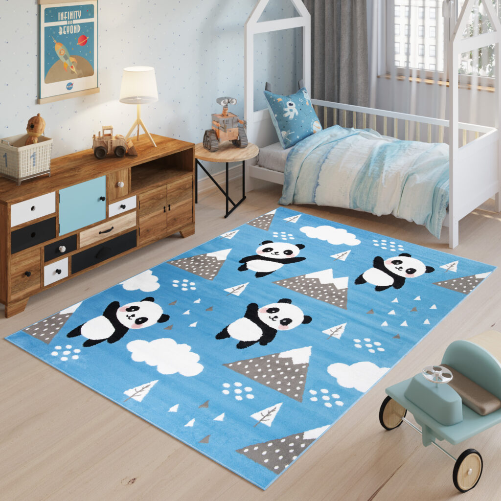 Tappeto Jolly Bambini Cameretta Animali Panda Blu A Pelo Corto