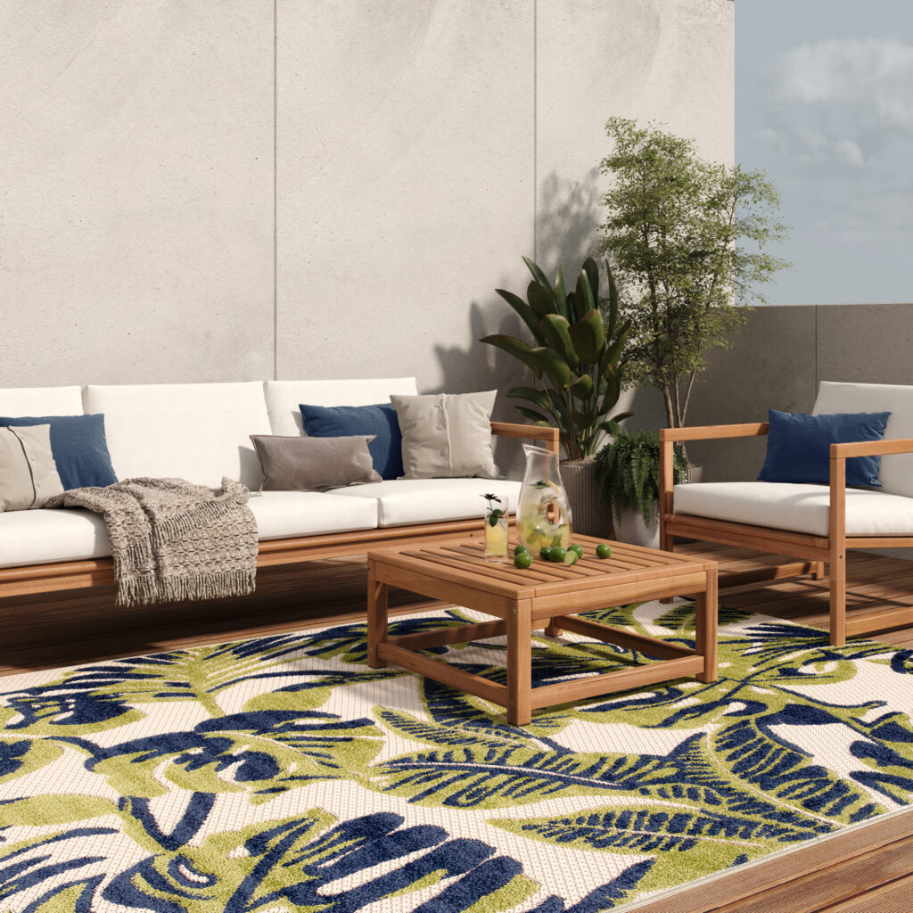 Tappeto Esterno Patio Crema Foglie Monstera