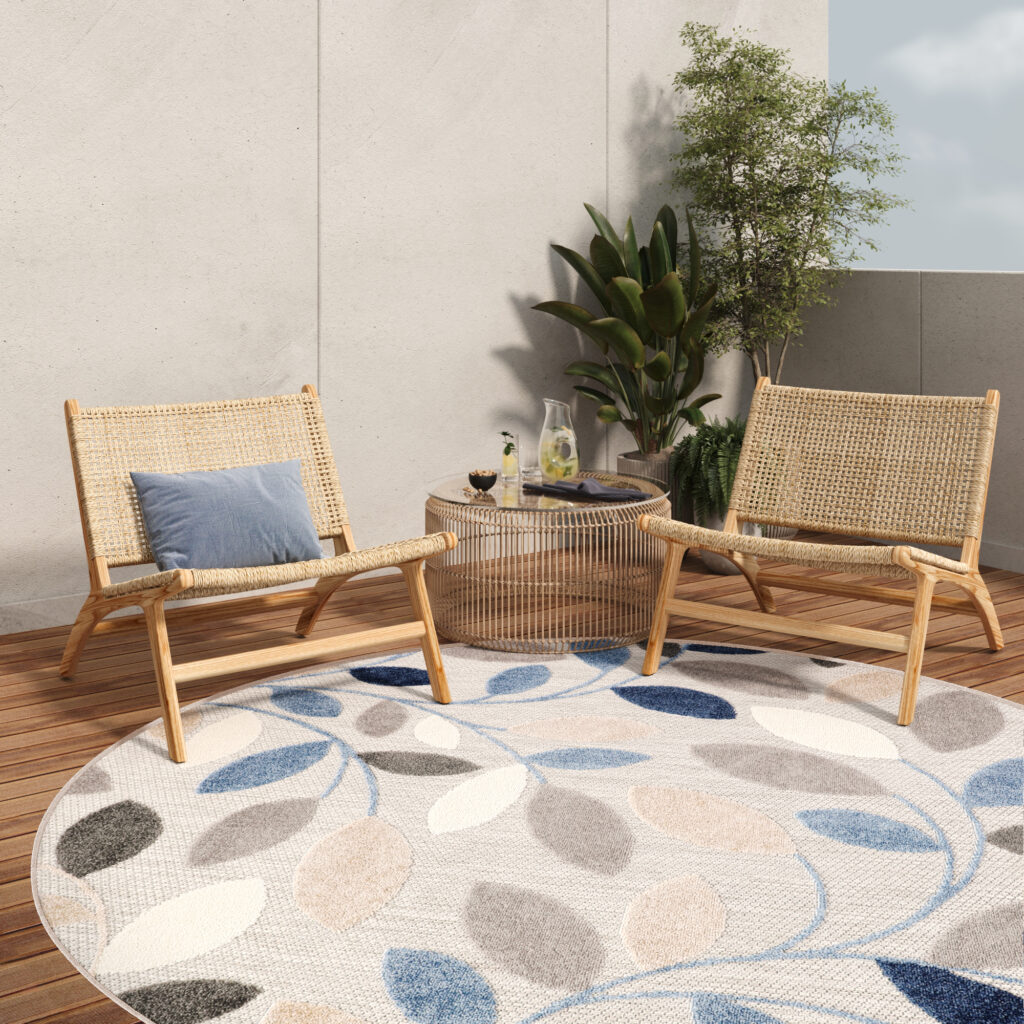 Tappeto Esterno Patio Rotondo Grigio Blu Foglie