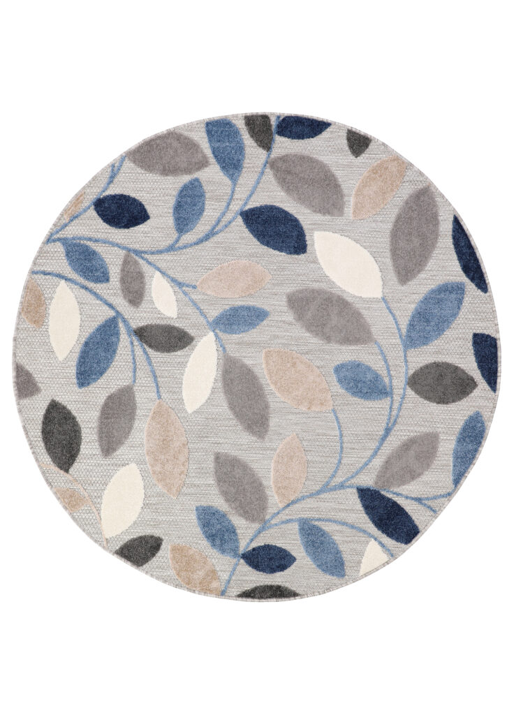 Tappeto Esterno Patio Rotondo Grigio Blu Foglie