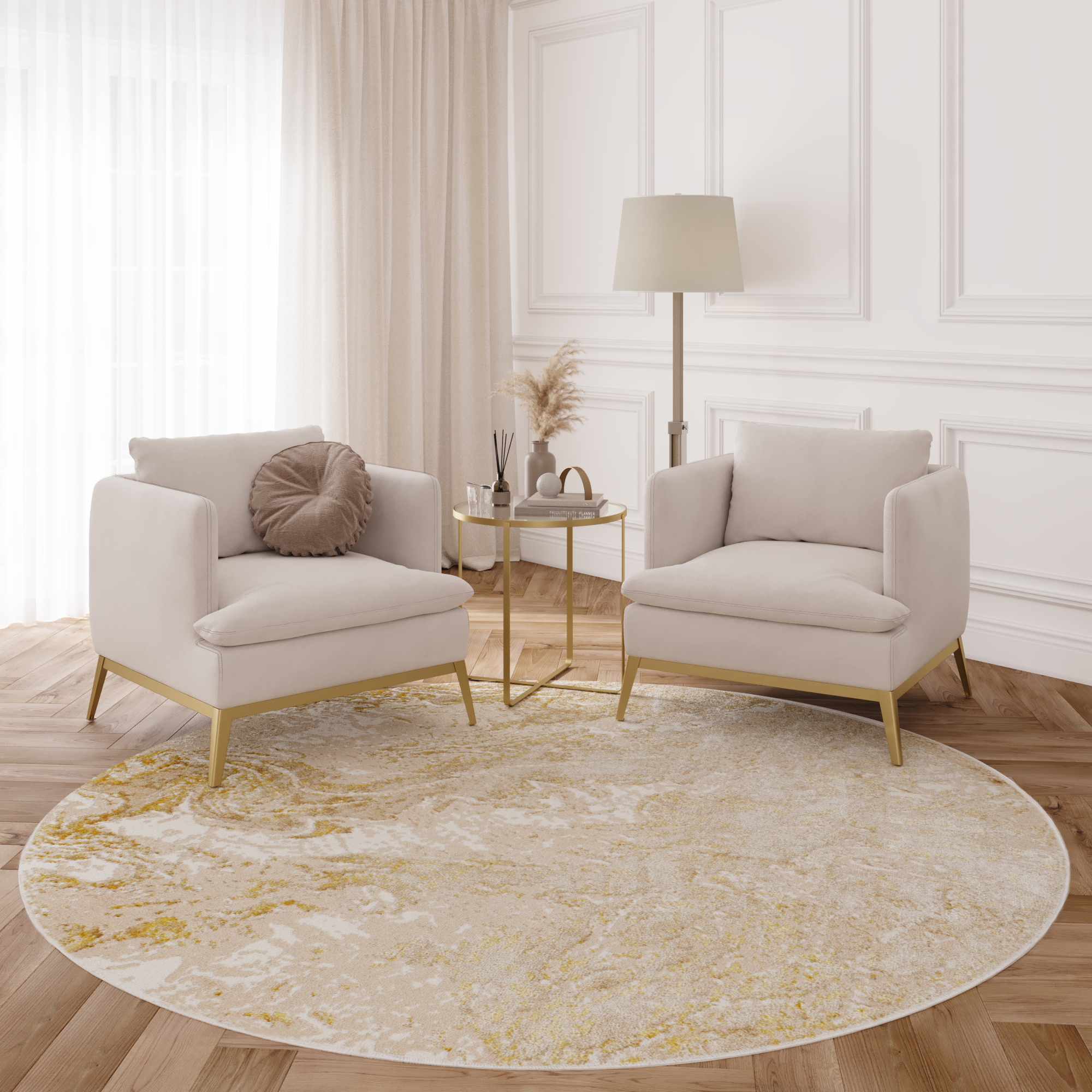 Tappeto Crystal Rotondo Beige Oro Crema Marmo