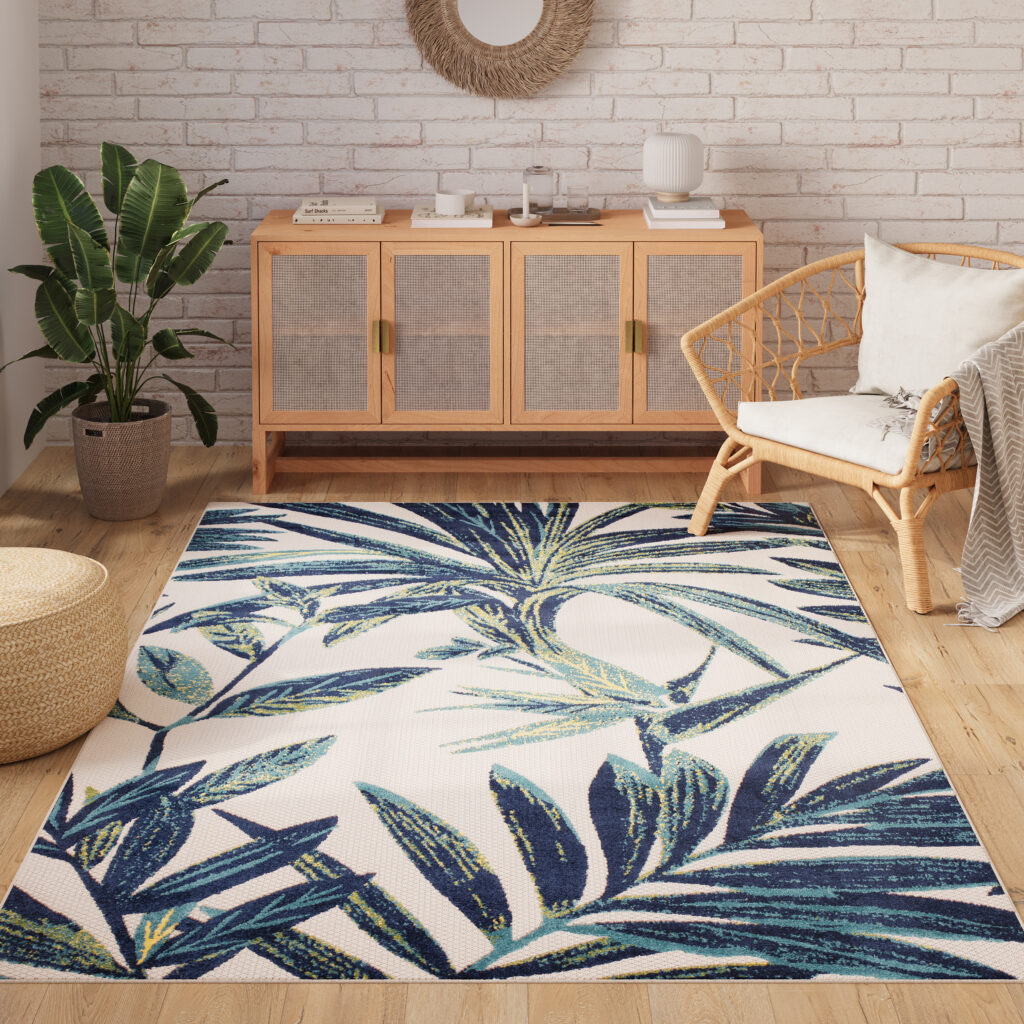 Tappeto Esterno Patio Crema Blu Foglie