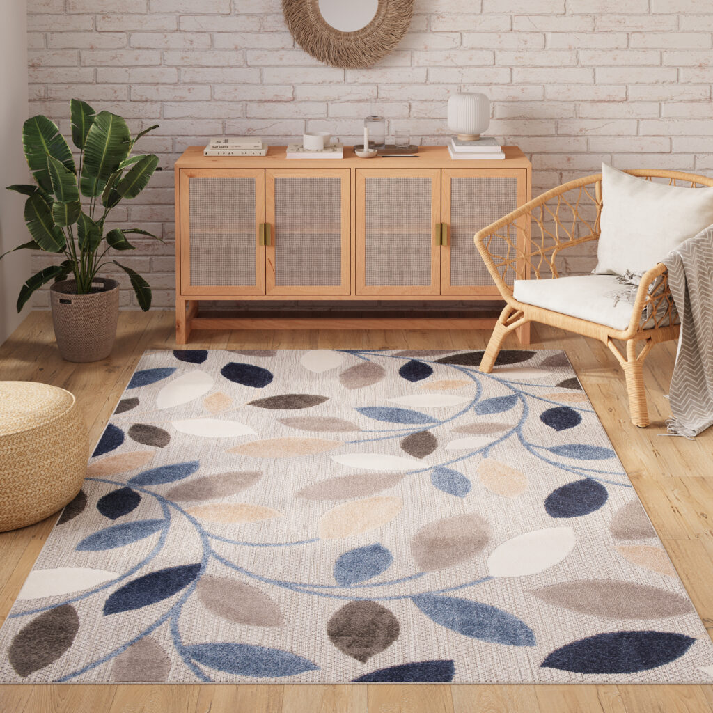 Tappeto Esterno Patio Grigio Blu Foglie