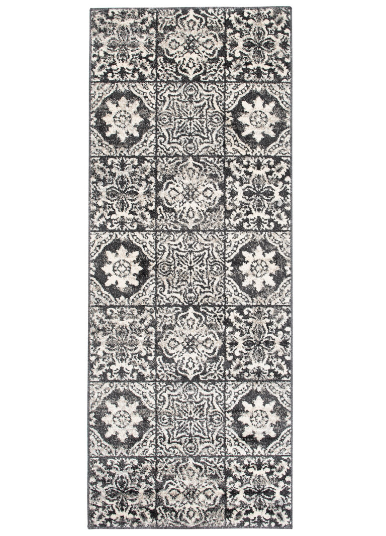 Tappeto Passatoia Ethno Grigio Scuro Crema Floreale