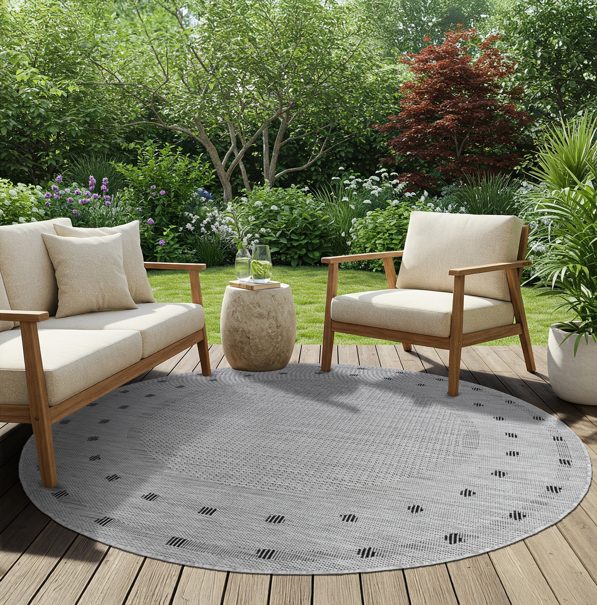 Tappeto Melissa Rotondo Grigio Nero ZigZag Indoor Outdoor