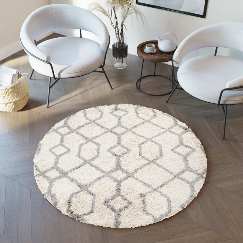 Tappeto Boho Rotondo Crema Geometrico Shaggy
