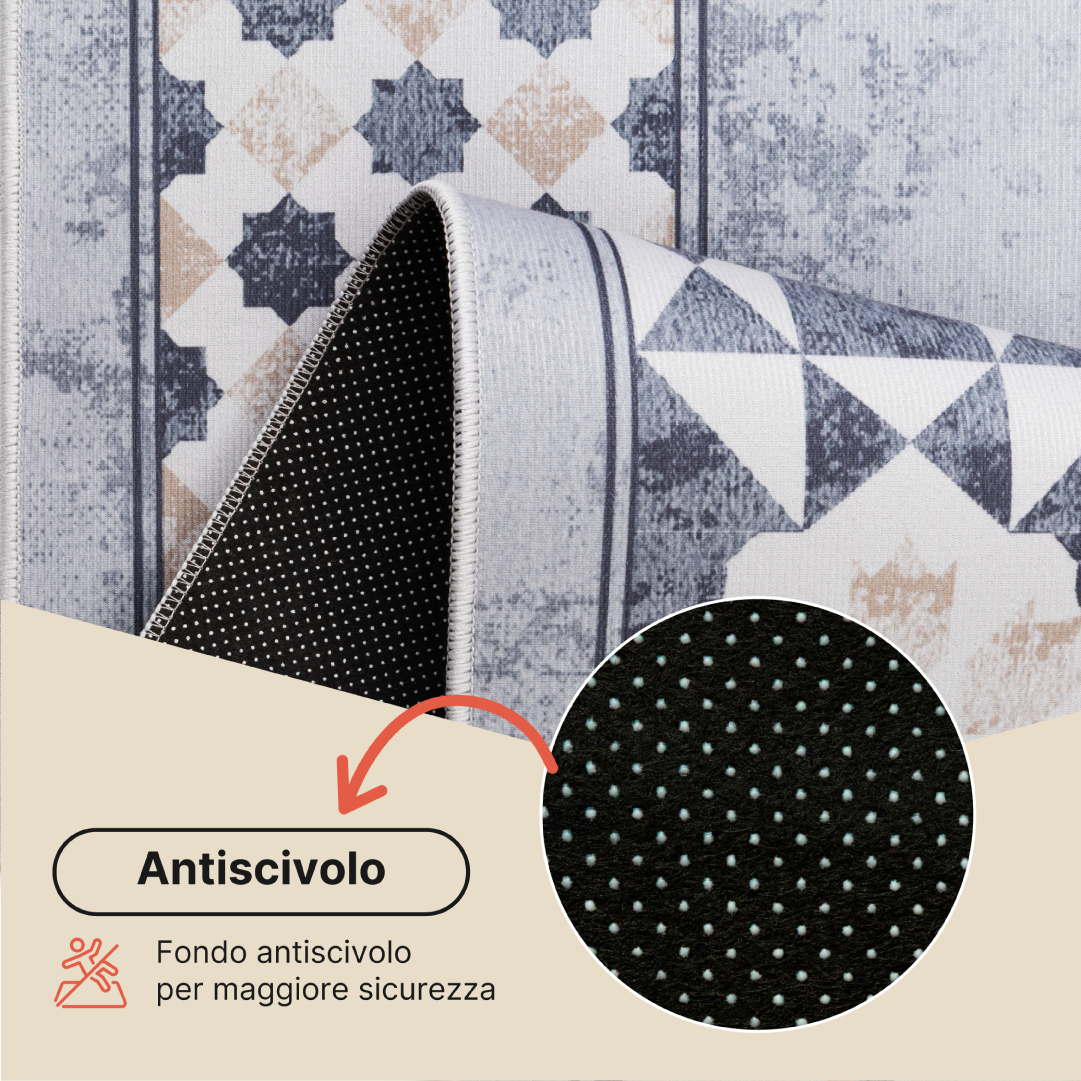 Tappeto Nora Grigio Beige con Cornice Antiscivolo