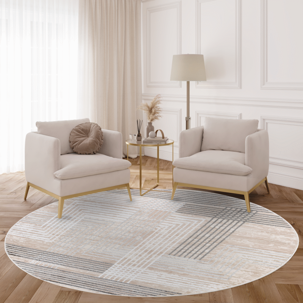 Tappeto Crystal Rotondo Grigio Beige Crema Righe