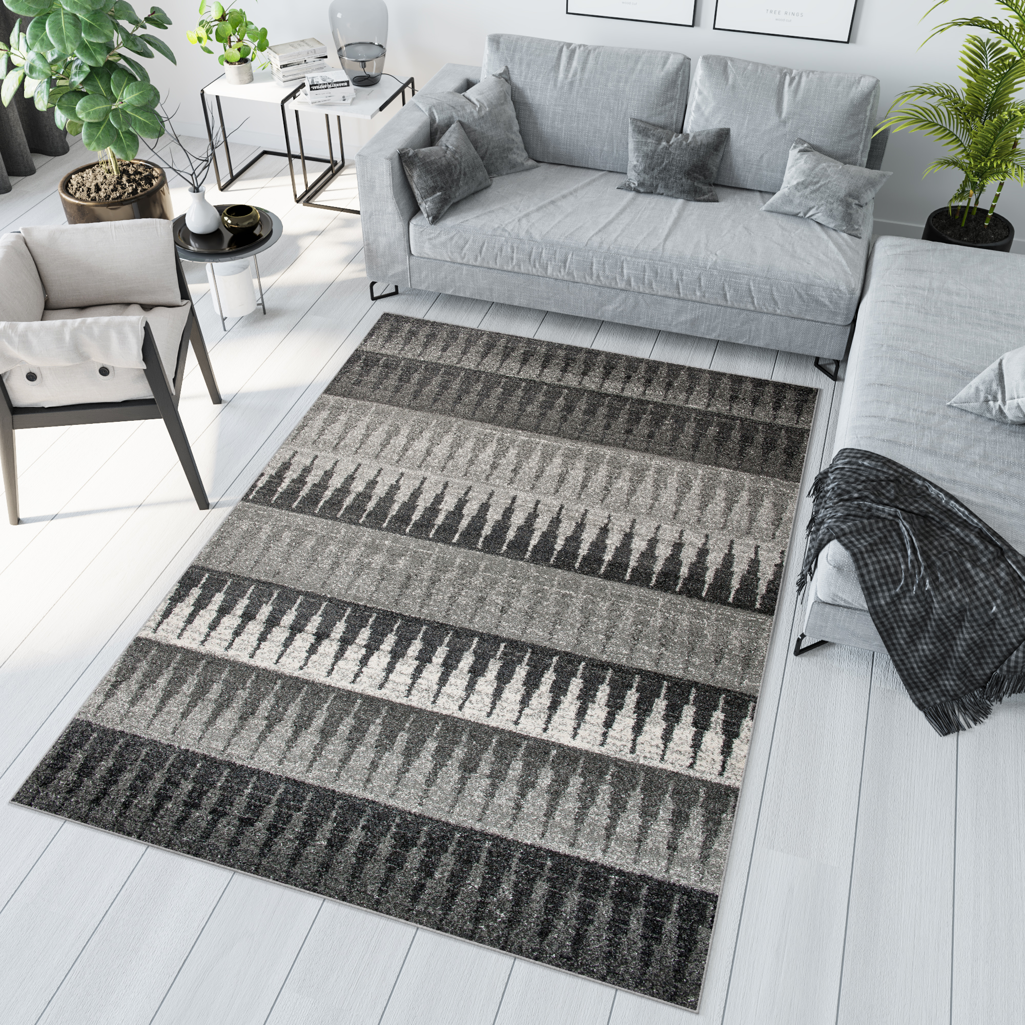 Tappeto Sari Moderno Sfumature di Grigio Geometrico Strisce