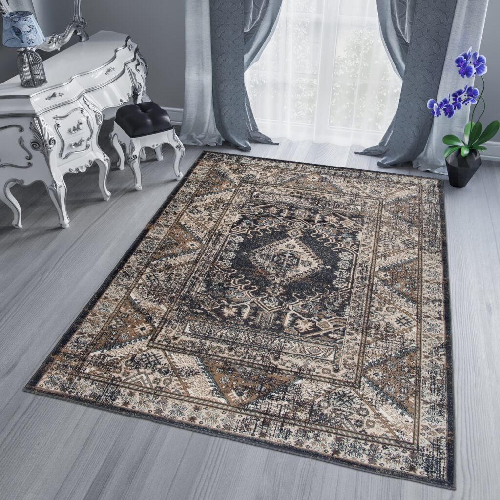 Tappeto Dubai Orientale Salotto Grigio Scuro Ecru