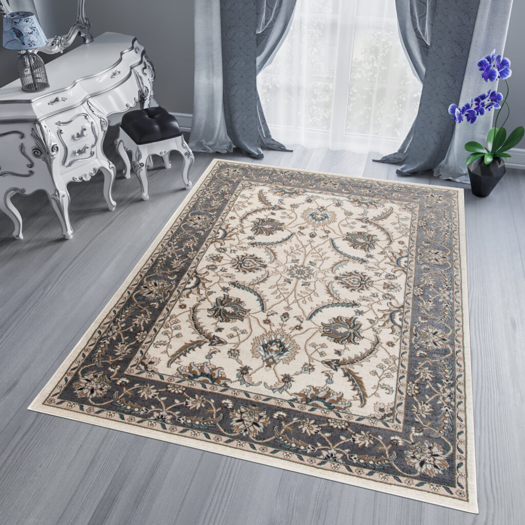 Tappeto Dubai Grigio Crema Tradizionale Classico Floreale
