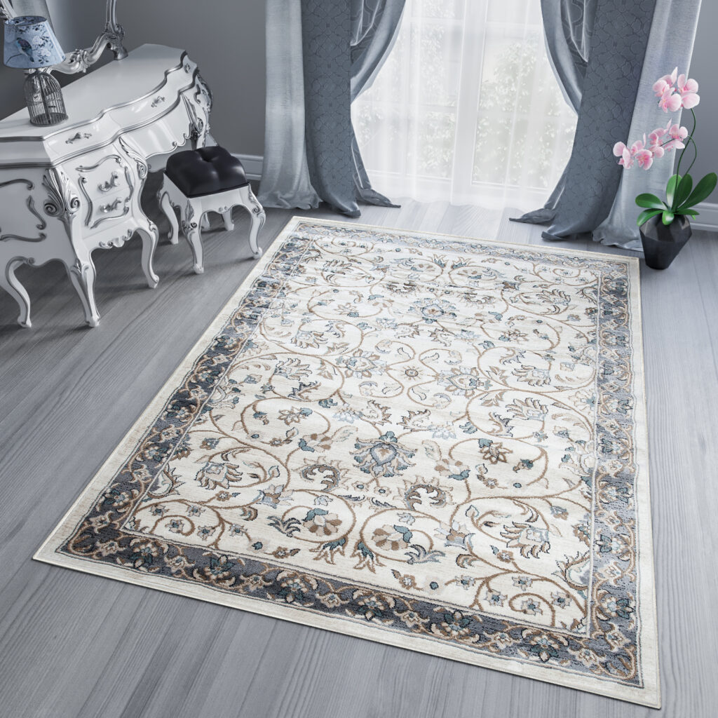 Tappeto Dubai Salotto Orientale Classico Crema Grigio Fiori