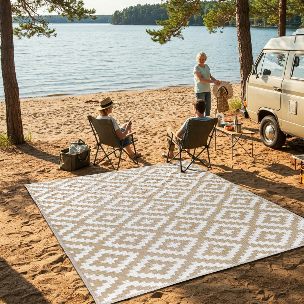 Tappeto Ibiza per Esterno Bifacciale Impermeabile Beige Bianco
