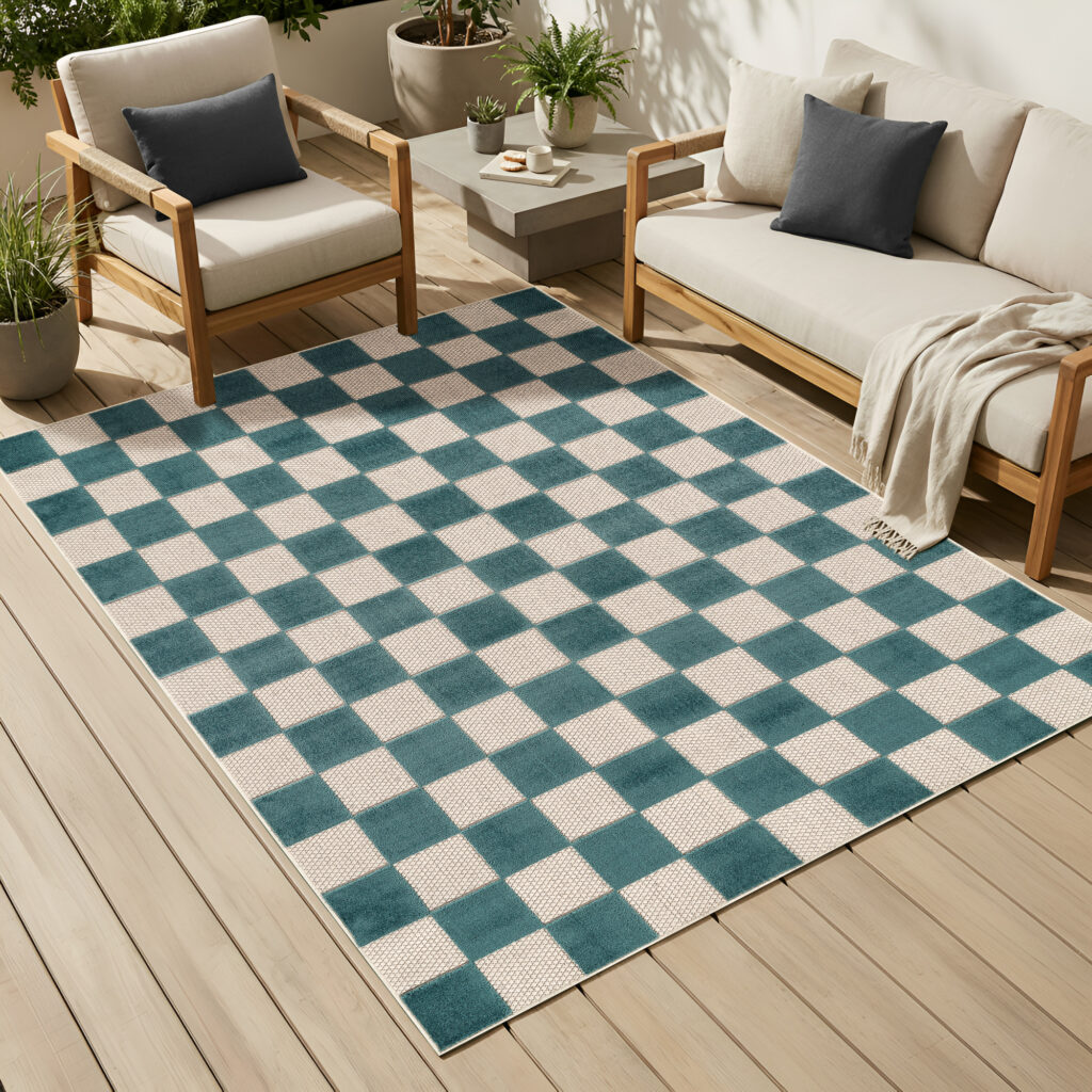Tappeto Esterno Checker Crema Turchese