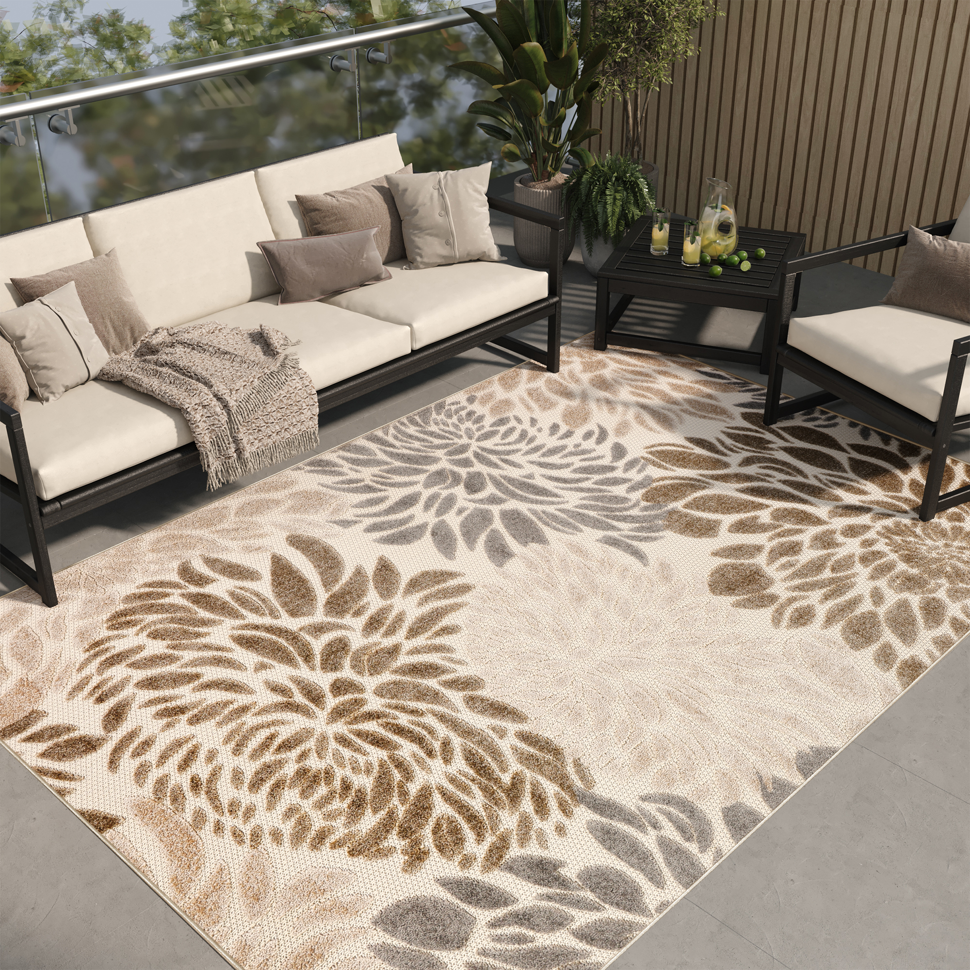 Tappeto Esterno Patio Beige Fiori