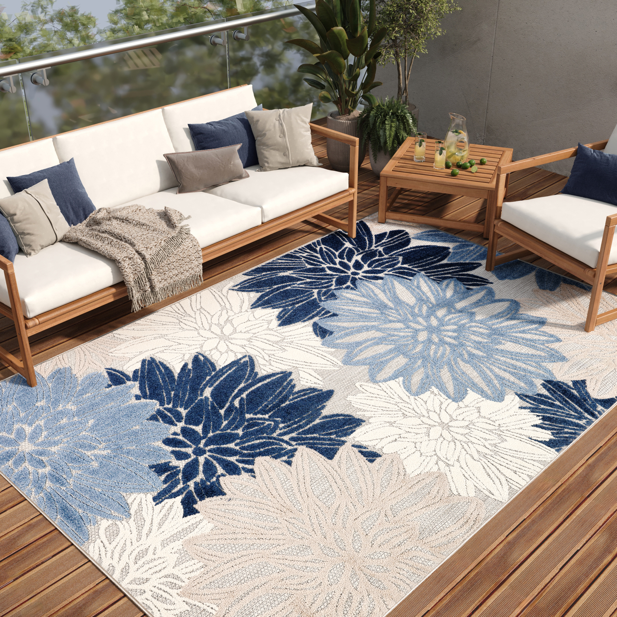 Tappeto Esterno Patio Grigio Blu Fiori