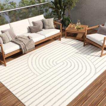 Tappeto Esterno Patio Crema Grigio Linee