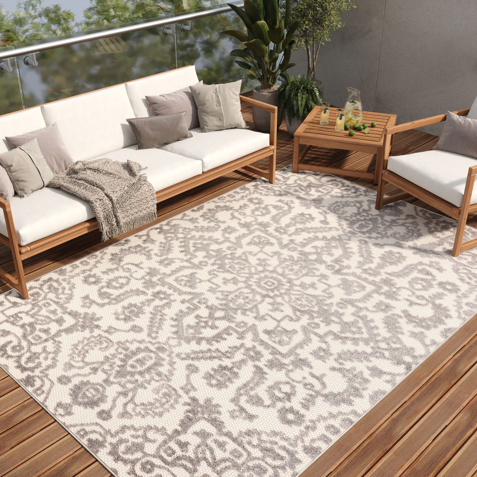 Tappeto Esterno Patio Crema Grigio Ornamenti