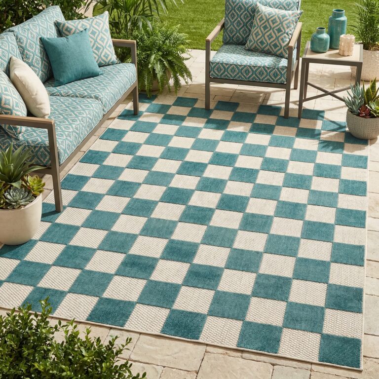 Tappeto Esterno Checker Crema Turchese