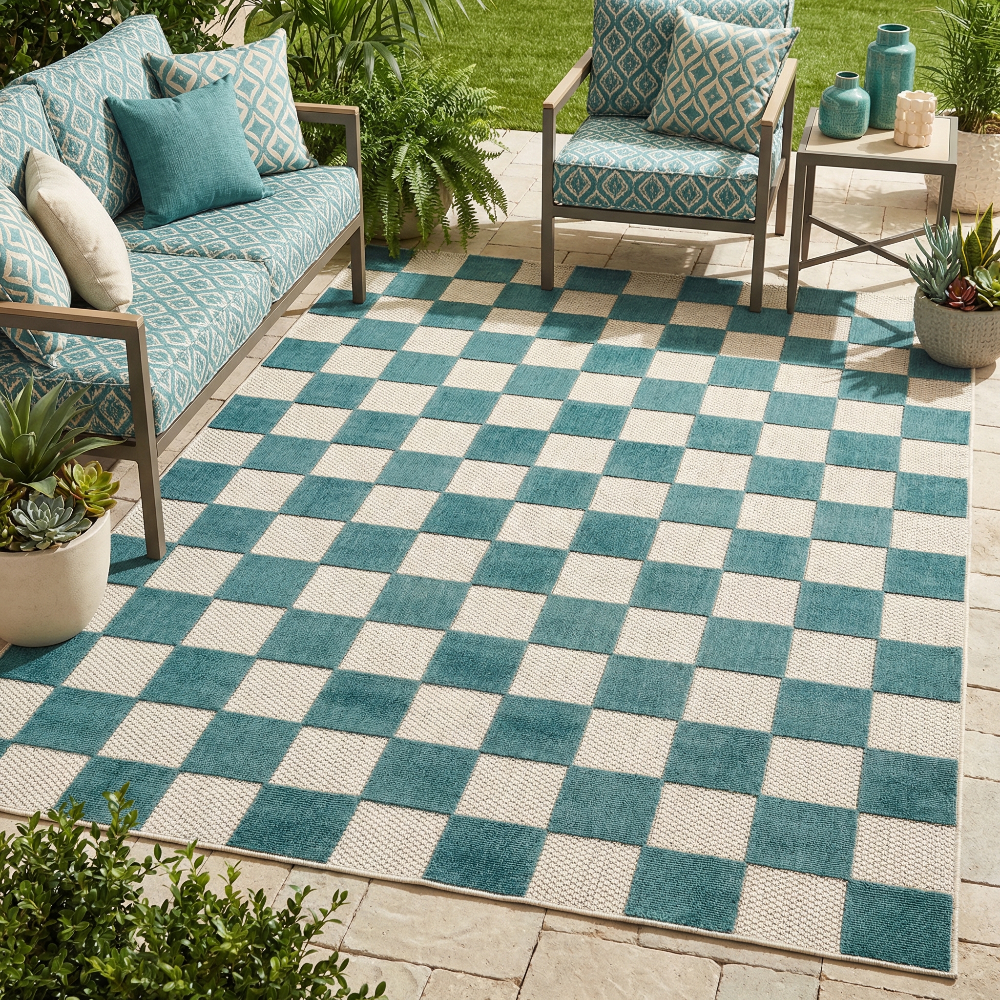 Tappeto Esterno Checker Crema Turchese
