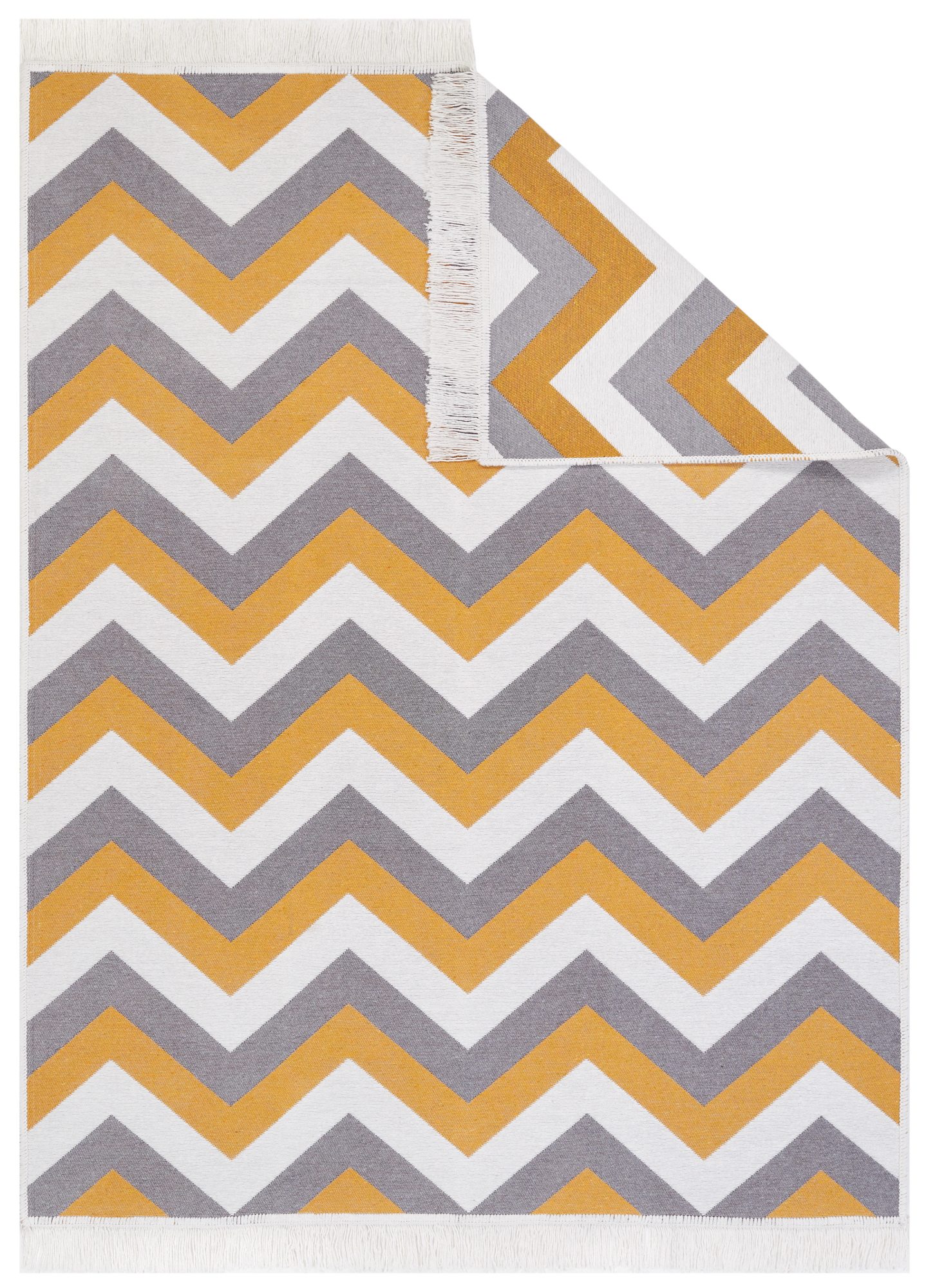 Tappeto Azteca Cotone Grigio Giallo Zigzag con Frange