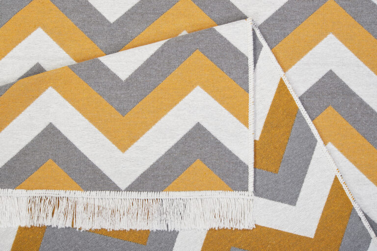 Tappeto Azteca Cotone Grigio Giallo Zigzag con Frange