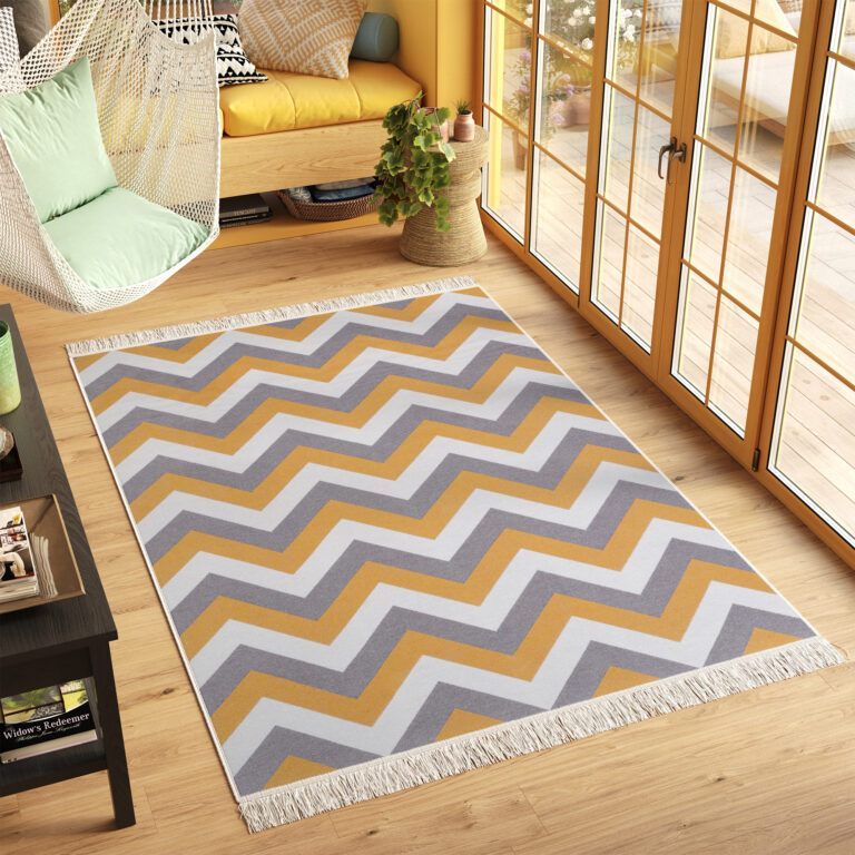 Tappeto Azteca Cotone Grigio Giallo Zigzag con Frange