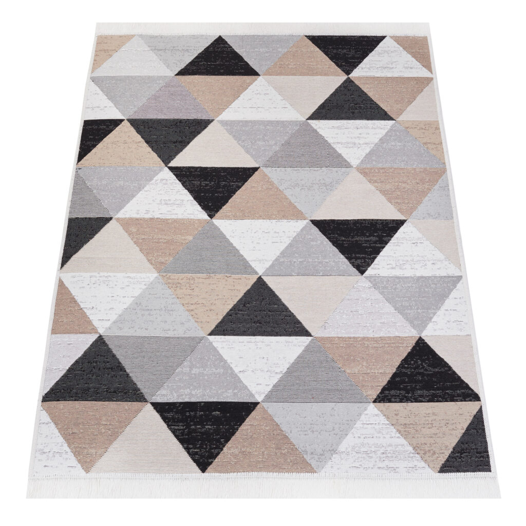 Tappeto Azteca Cotone Grigio Beige Triangoli con Frange
