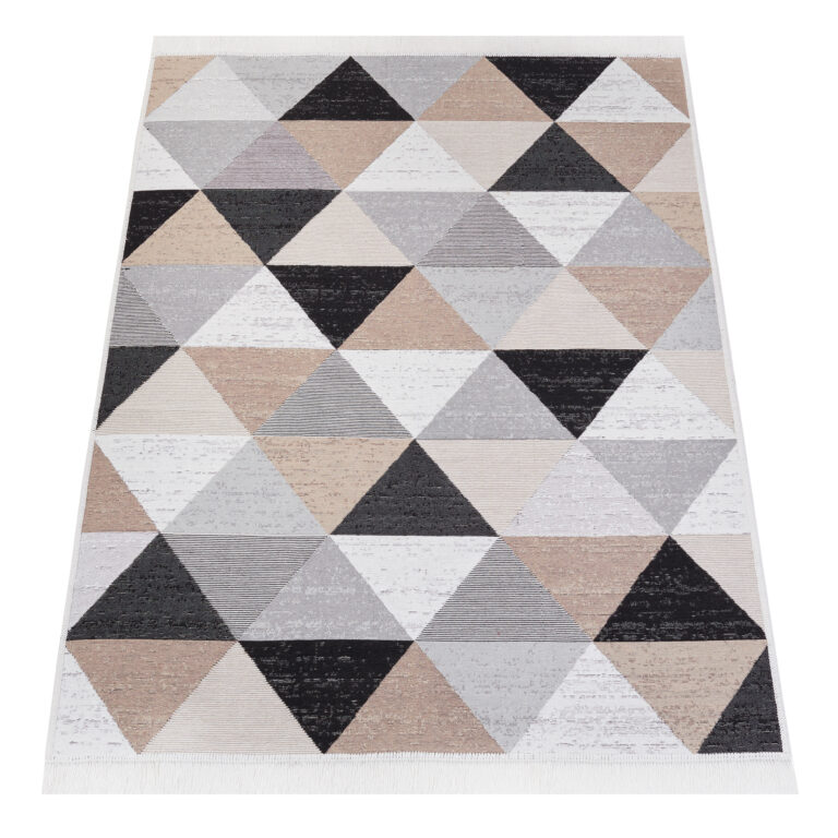 Tappeto Azteca Cotone Grigio Beige Triangoli con Frange