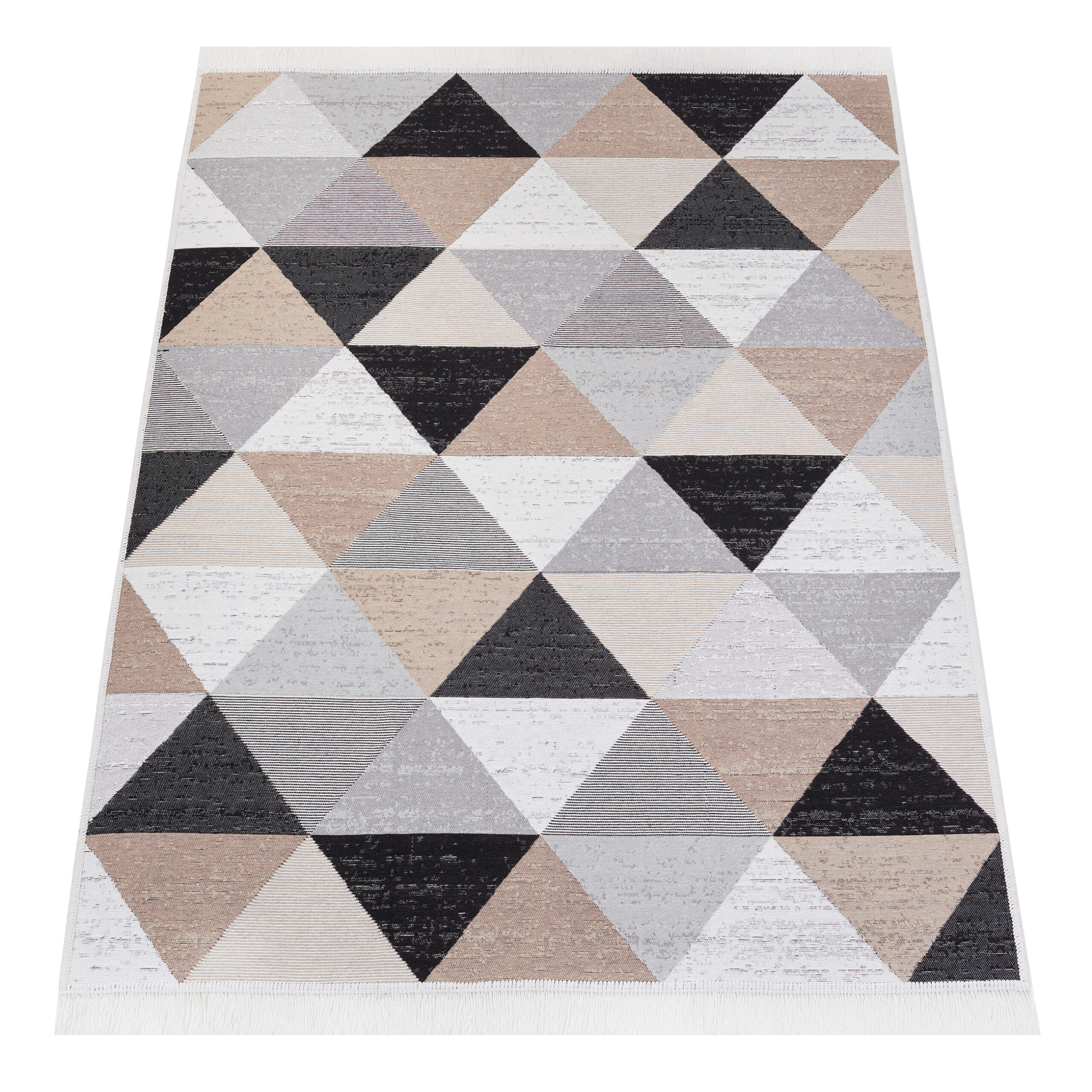 Tappeto Azteca Cotone Grigio Beige Triangoli con Frange