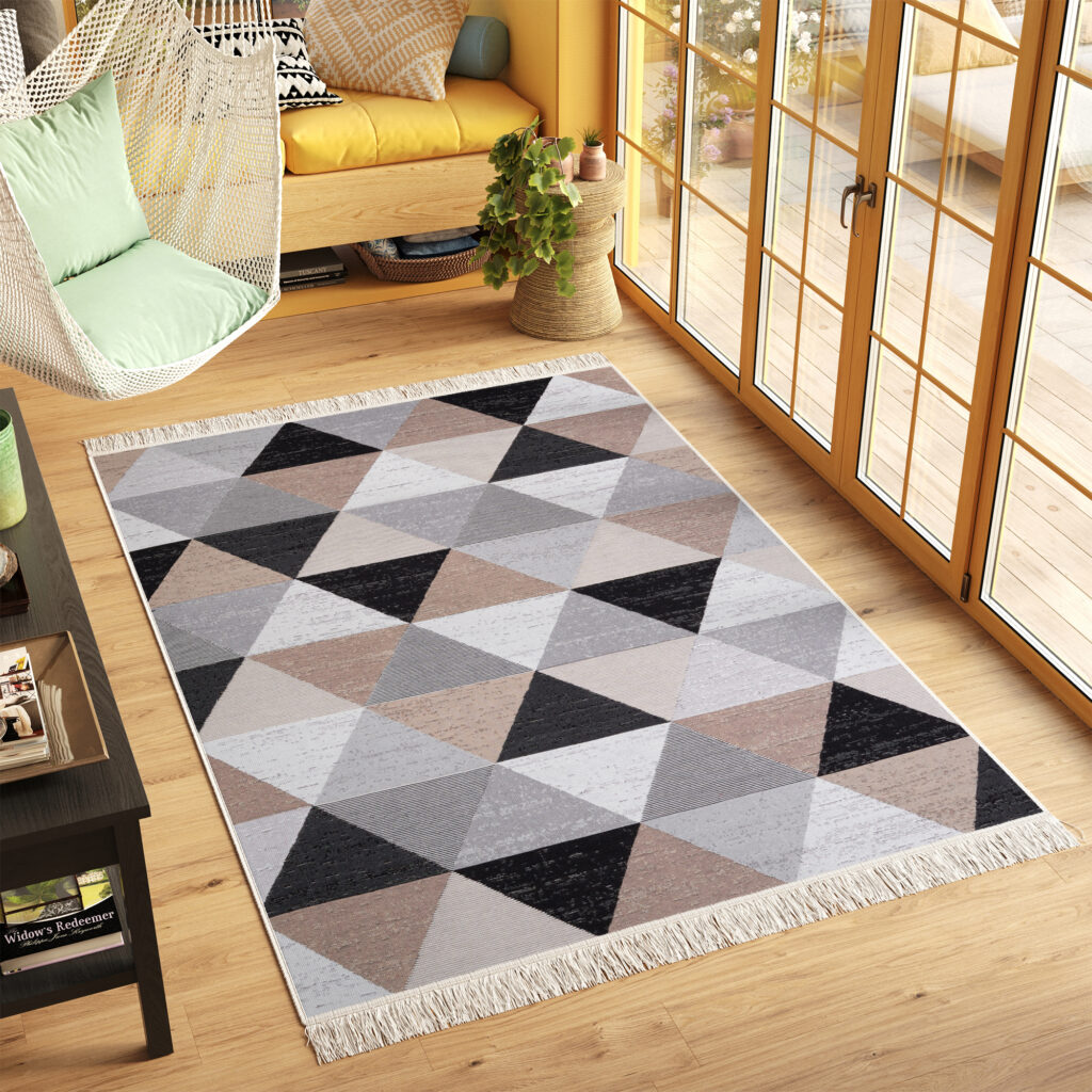 Tappeto Azteca Cotone Grigio Beige Triangoli con Frange
