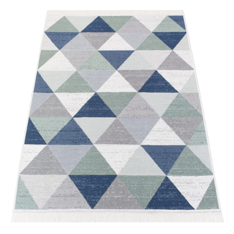 Tappeto Azteca Cotone Grigio Blu Verde con Frange