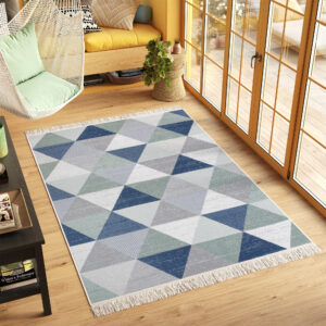 Tappeto Azteca Cotone Grigio Blu Verde con Frange