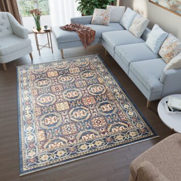 Tappeto Rivoli Blu Geometrico Tradizionale con Frange