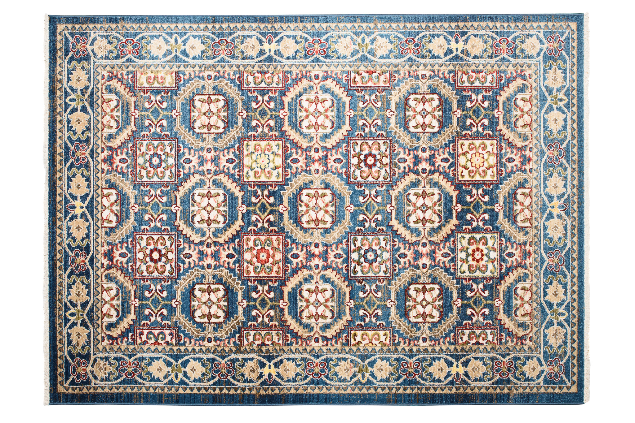Tappeto Rivoli Blu Geometrico Tradizionale con Frange
