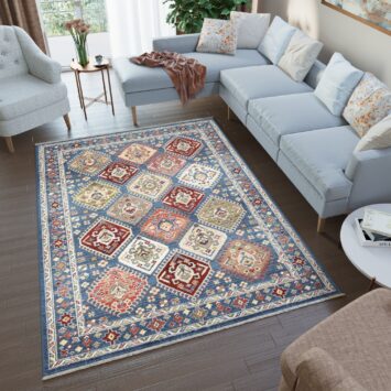 Tappeto Rivoli Blu Geometrico Ornamenti con Frange