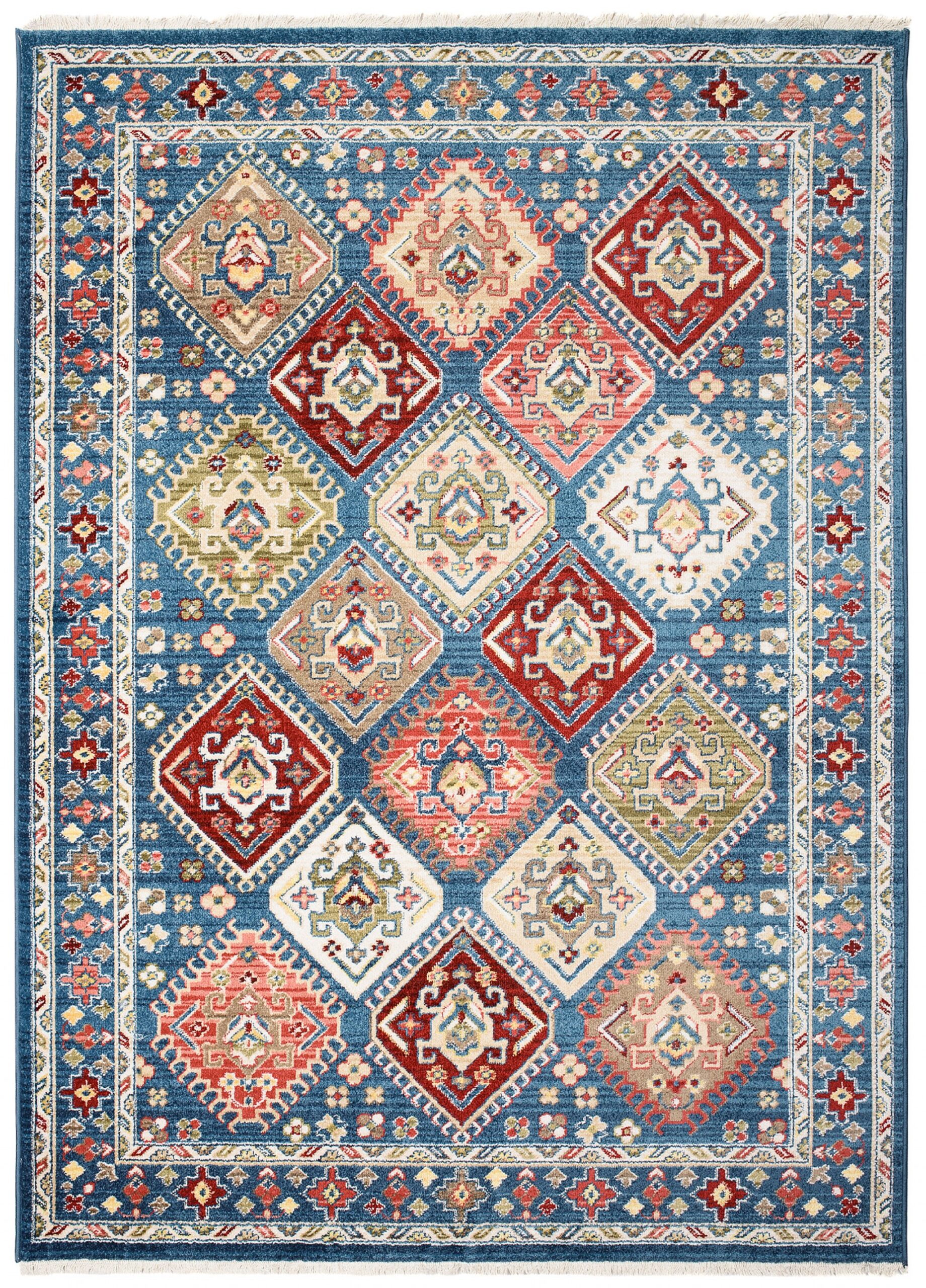 Tappeto Rivoli Blu Geometrico Ornamenti con Frange