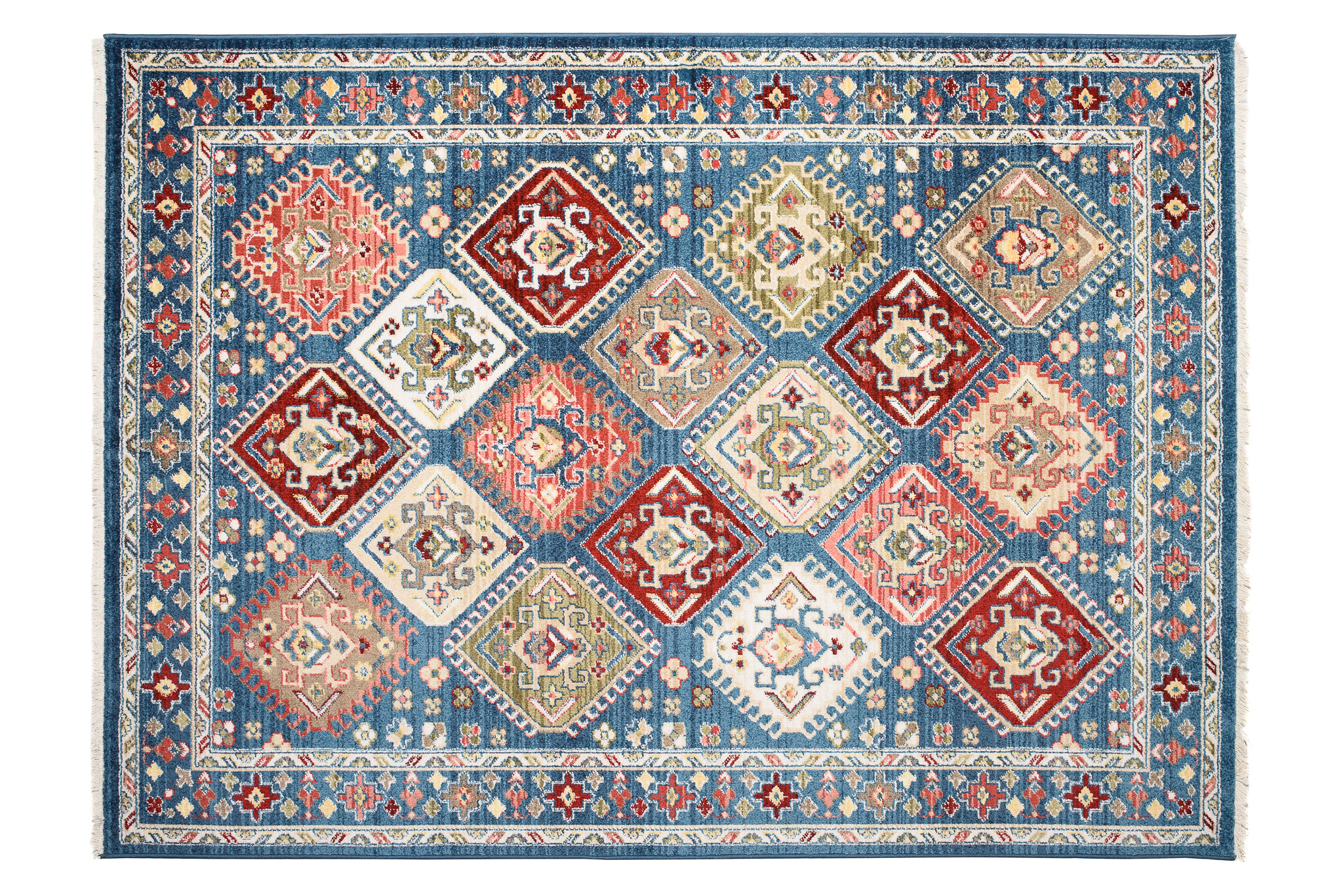 Tappeto Rivoli Blu Geometrico Ornamenti con Frange