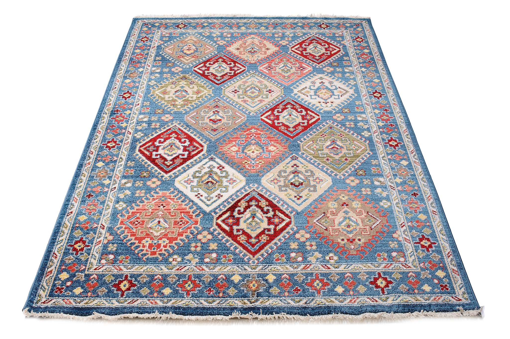 Tappeto Rivoli Blu Geometrico Ornamenti con Frange