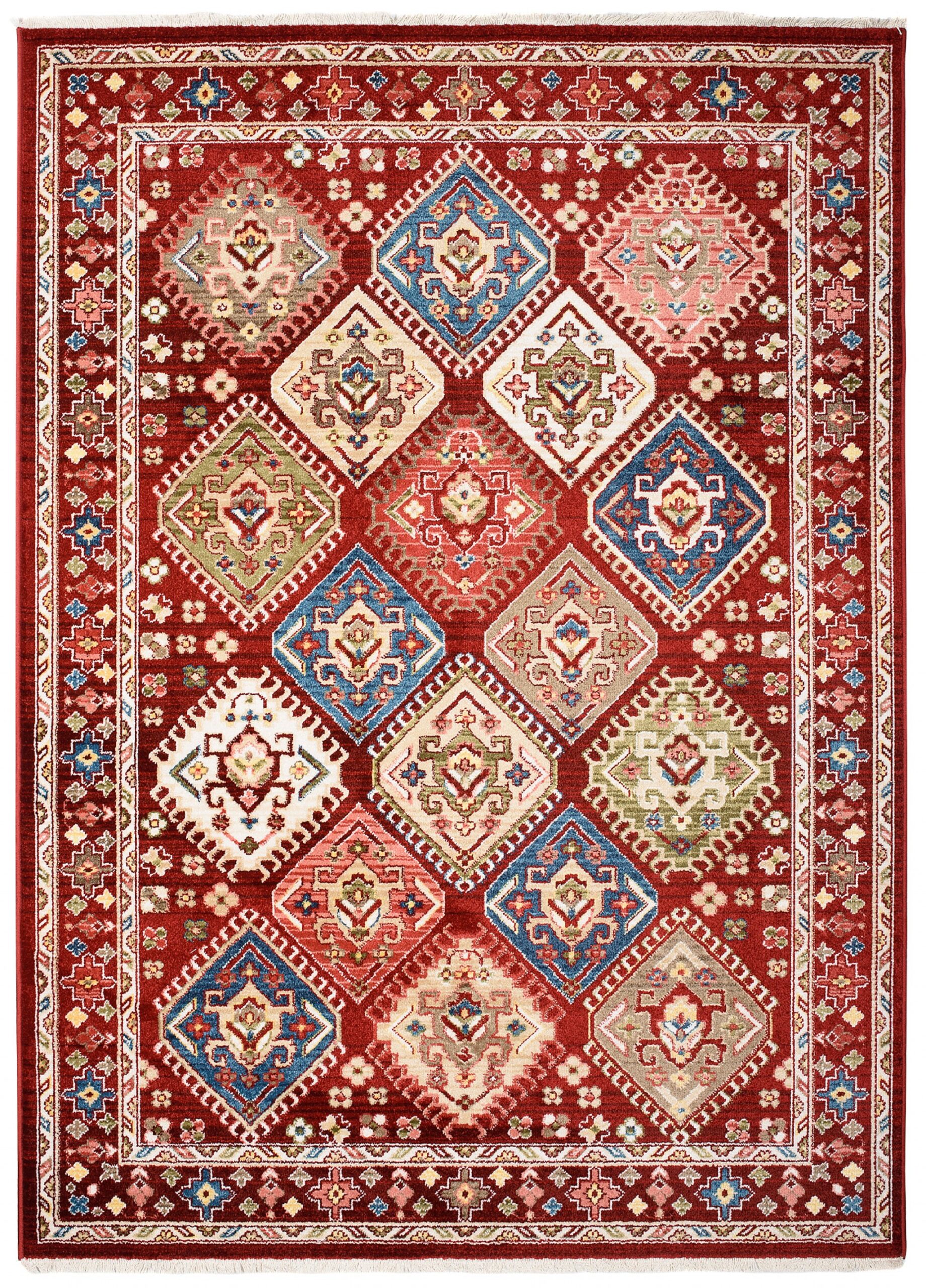 Tappeto Rivoli Rosso Geometrico Ornamenti con Frange