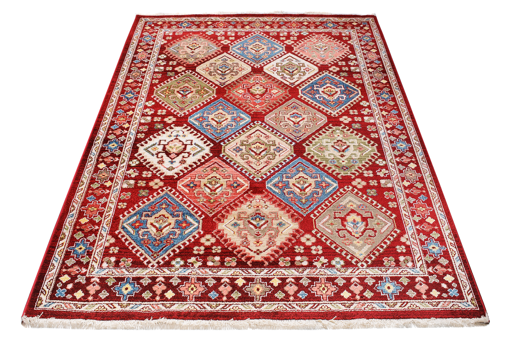 Tappeto Rivoli Rosso Geometrico Ornamenti con Frange