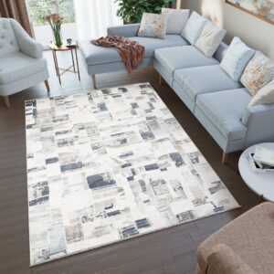 Tappeto Rivoli Crema Blu Forme Sfumate con Frange