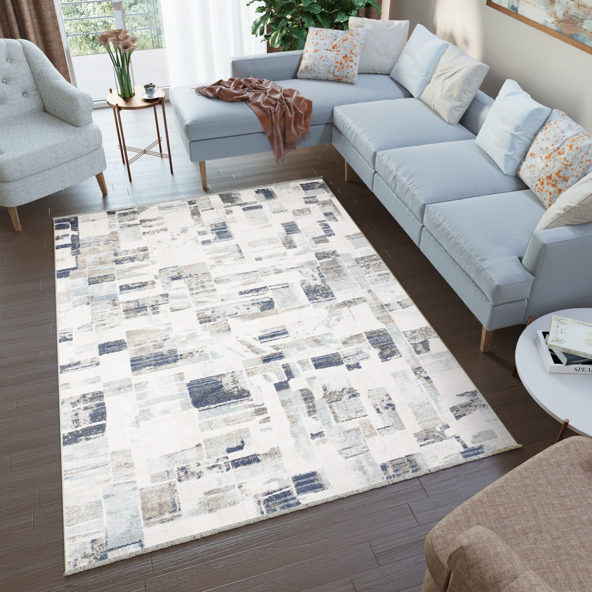 Tappeto Rivoli Crema Blu Forme Sfumate con Frange