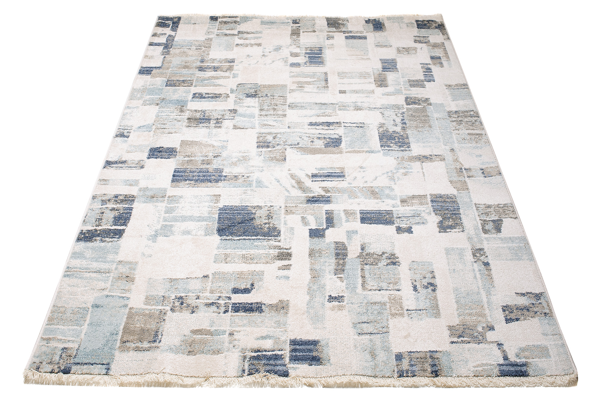Tappeto Rivoli Crema Blu Forme Sfumate con Frange