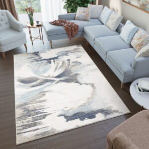 Tappeto Rivoli Crema Blu Astratto con Frange